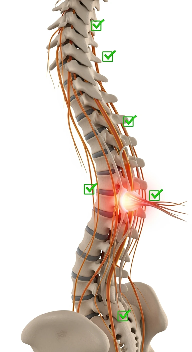 spina dorsale anatomica umana infiammata con ernia, e spunte verdi di verificato in 3d, ISOLATO SU SFONDO BIANCO emoji