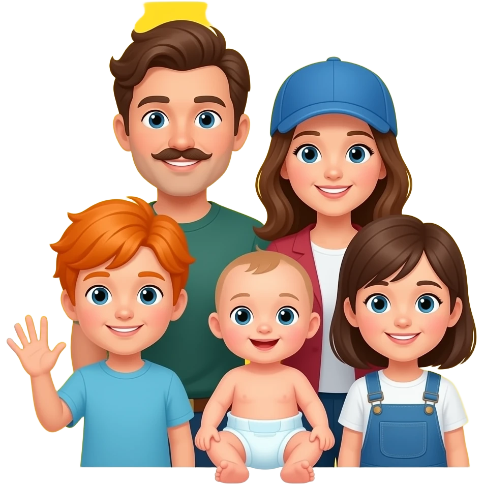 Famille des doigts : Fond jaune, main d’un enfant, cheveux orange, moustache, papa, cheveux ondulés, maman, casquette, frère, deux sœurs, bébé en couche. emoji