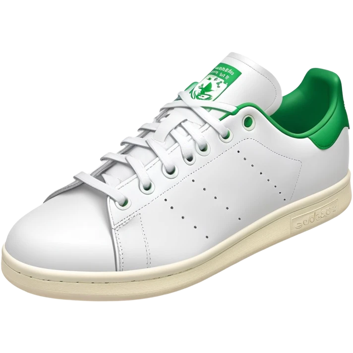 Adidas Stan Smith in white and green colorway, simple clean tennis shoe, white leather with green details, angled view, isolated emoji