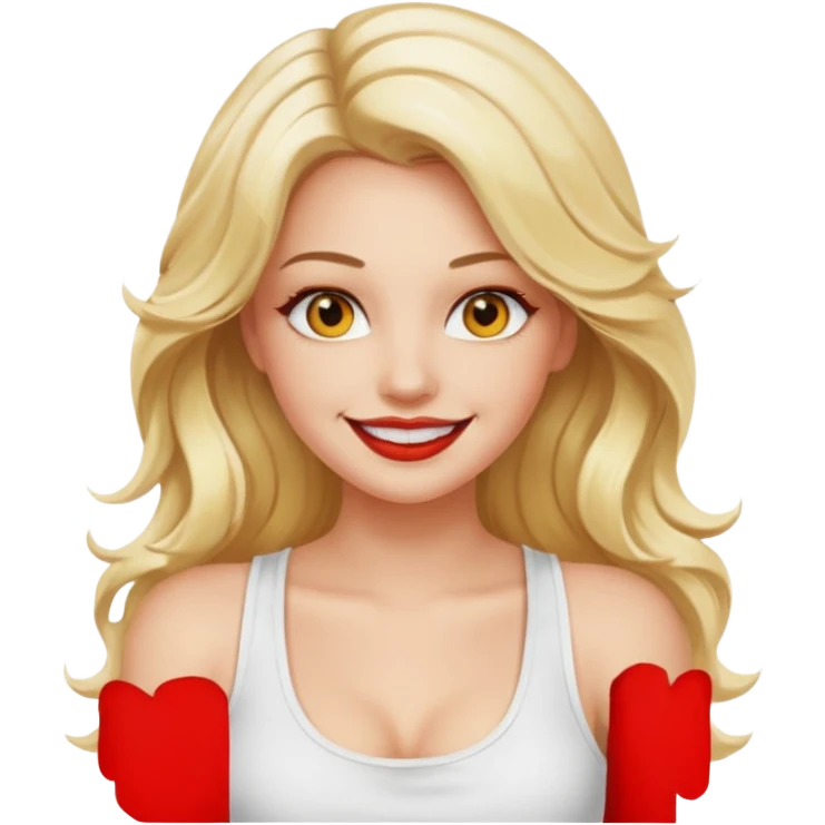 a woman with white tank top and smile, her hair is long wavy blonde hair, her face is baddie girl style, her eyes color are yellow and the color of her lip is soft red emoji
