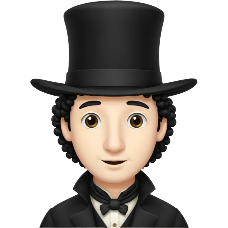 A man with a big nose and a black hat like a top hat but round and all black, with a strand of curly hair coming out from both sides of the hat, the strand of hair should be long and just 1 hair  emoji