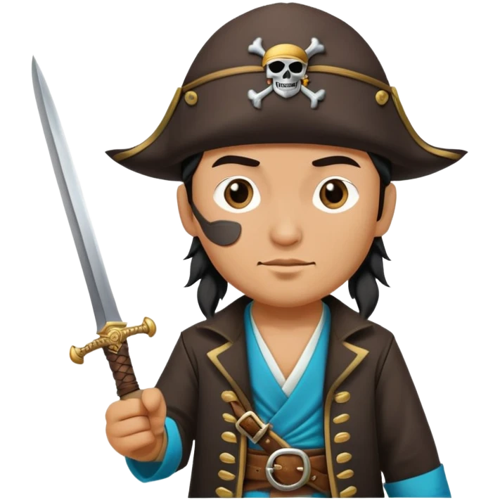 Kazakh pirate wearing traditional Kazakh hat and clothes with an eye patch and a pirate sword emoji