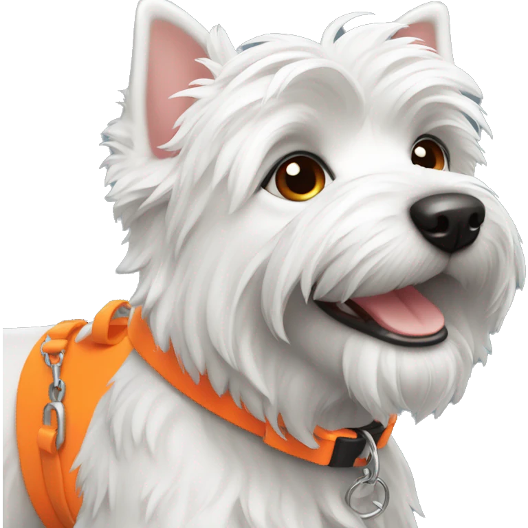 A Westie dog smiling with a neon orange collar emoji