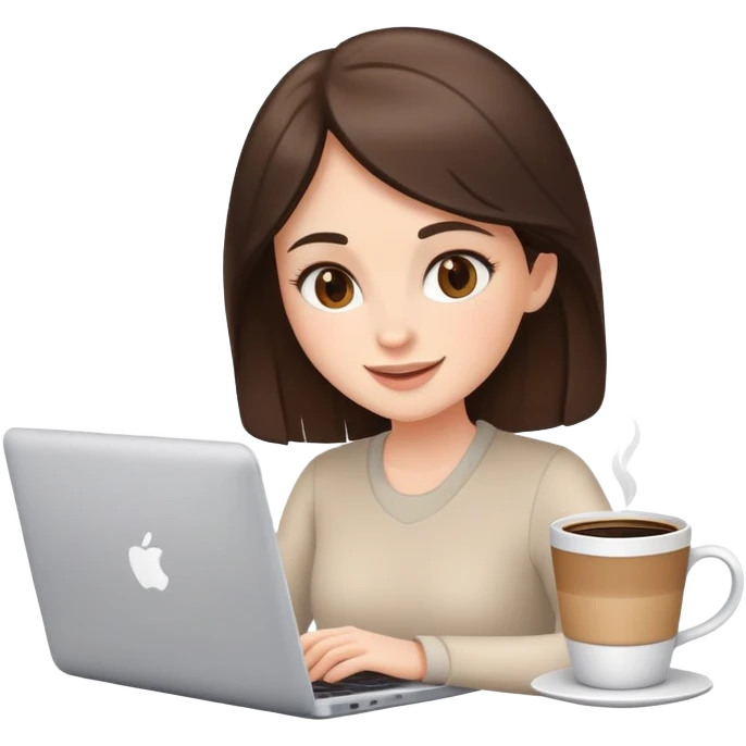 white brunette girl with laptop and coffee cheerful expression emoji