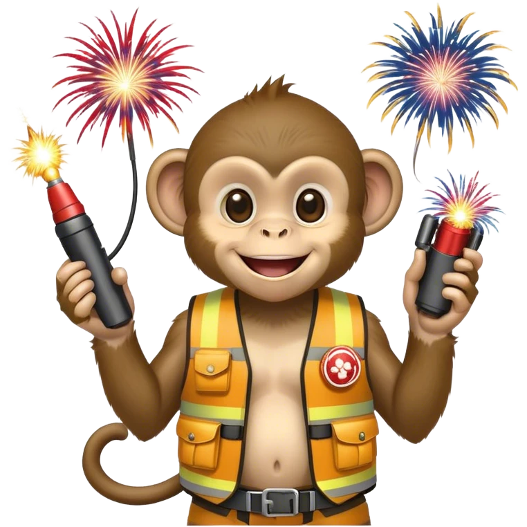 Baby monkey that is holding a detonator in one hand. The monkey is wearing a vest and smiling. On the monkey’s vest there are fireworks attached emoji
