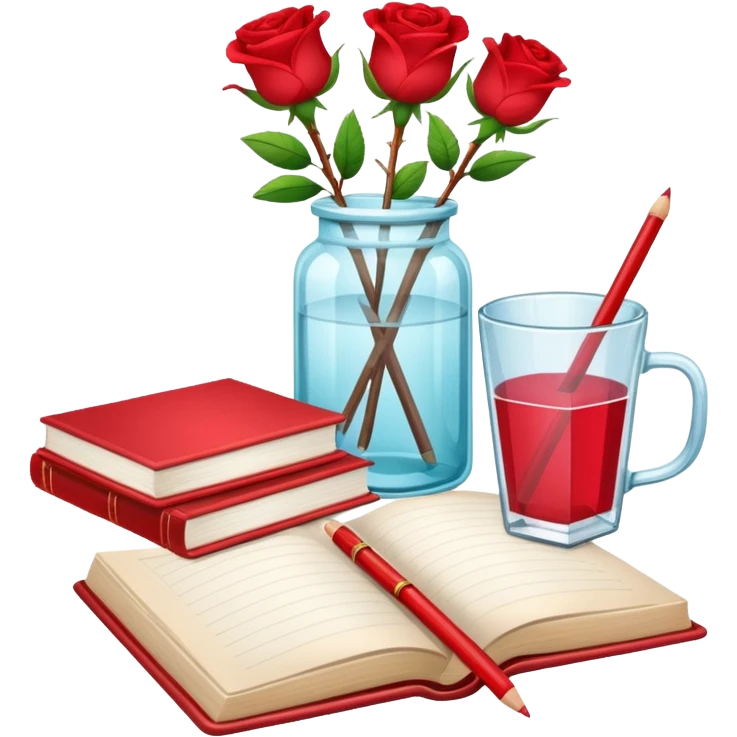 crear pizarra con libros a un lado, cuadernos, lapices, creyones, un vaso de cristal con rosas rojas, estilo vector emoji