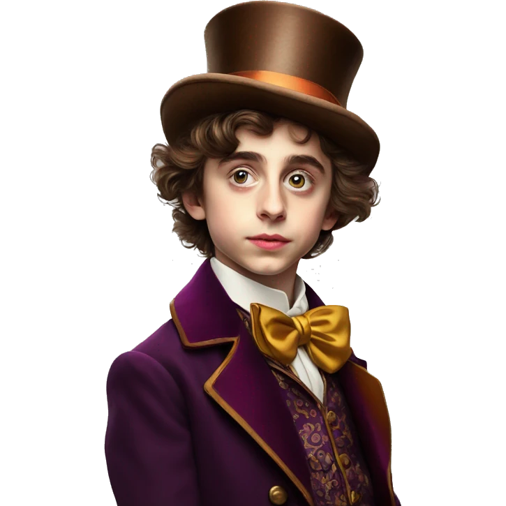 Timothée Chalamet as young Willy Wonka, large face, hat emoji