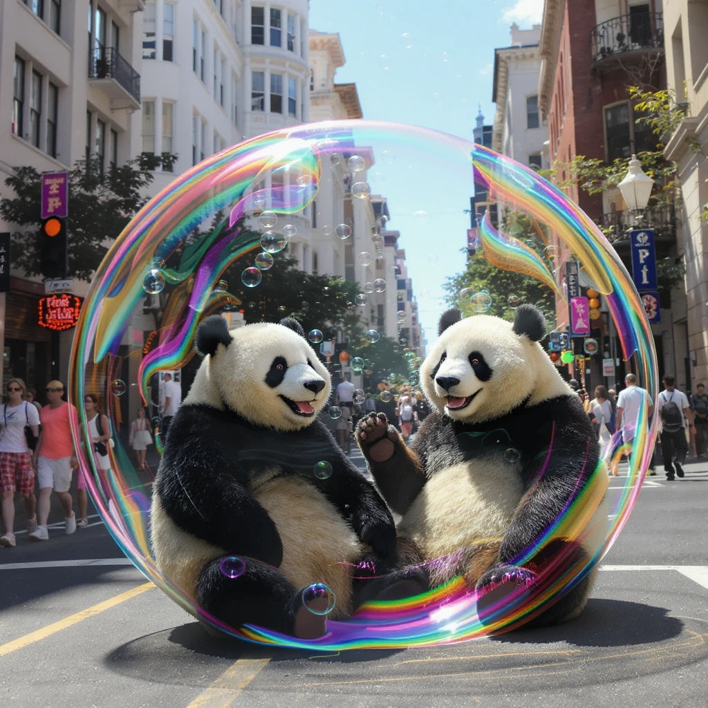 Cinematic still pandas bears sitting inside bubbles flying around San Francisco downtown, sunny summer day, happy vibe, colorfull surround, rainbow emoji