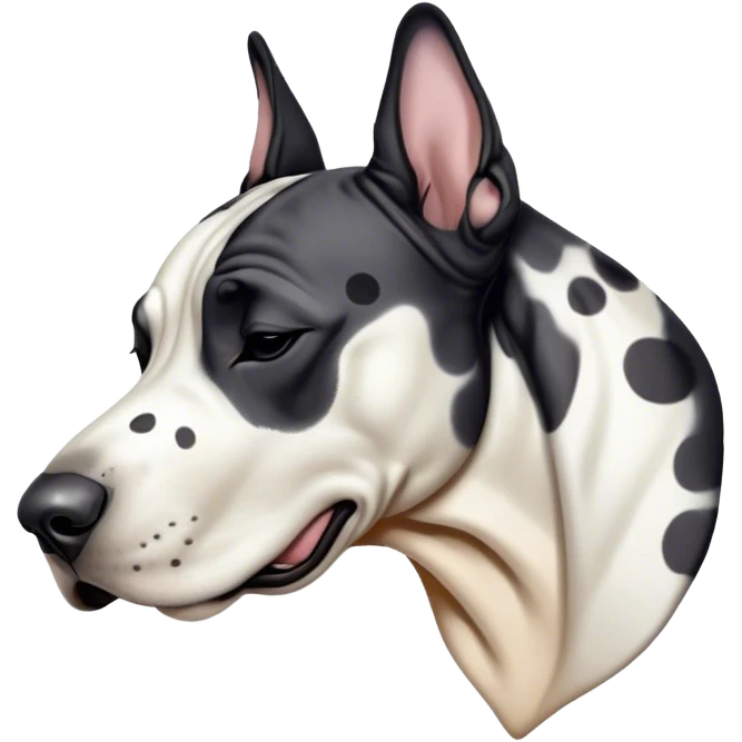 Meme-Worthy Cute Sleeping Harlequin Great Dane Portrait Emoji, Head resting peacefully with a contented smile, showcasing a delightfully majestic build and a luxuriously soft coat of predominantly white with bold black patches, eyes shut in a serene nap, Simplified yet hilariously adorable features, highly detailed, glowing with a soft, drowsy light, high shine, relaxed and utterly lovable, stylized with an air of playful laziness, bright and heartwarming, soft glowing outline, capturing the essence of a comically sleepy guardian, so meme-worthy it feels like it could instantly become the next viral sensation of adorable slumber! emoji