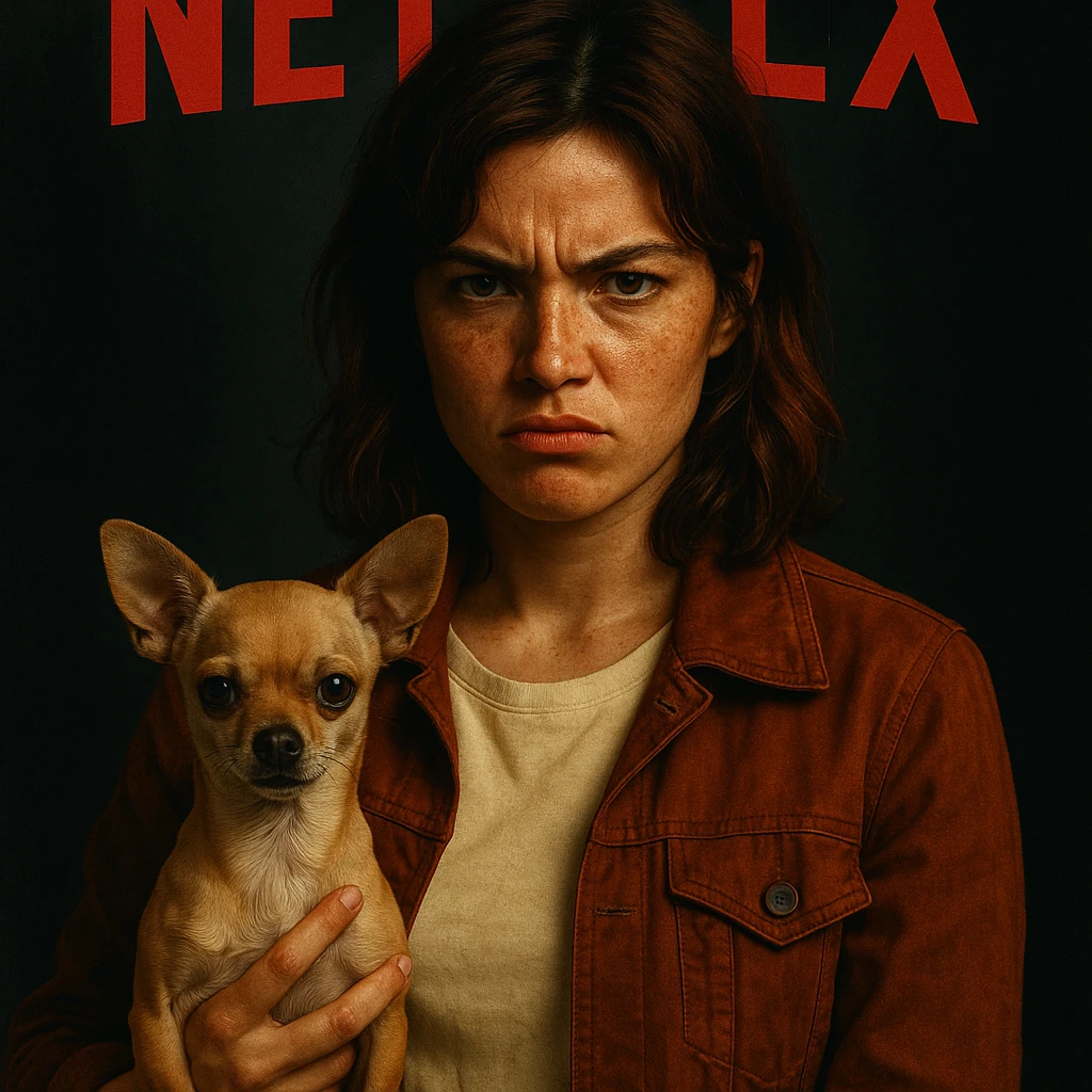 Netflix poster style portrait: woman with tanned skin, freckles, pale #FFF8CA shirt, rust jacket, medium-length brown hair with auburn highlights, rebellious expression, beige-brown chihuahua, dark background. emoji