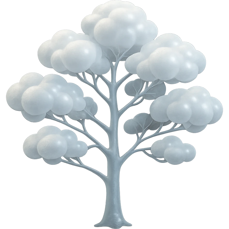 one tree with many branches and a white trunk, crown made of small very bright white fluffy convex clouds, matte glass style emoji
