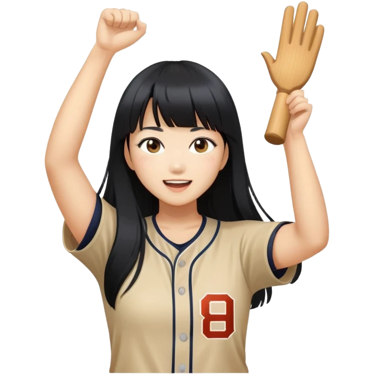 East Asian woman with long black straight hair and bangs cheering for Doosan Bears baseball team emoji