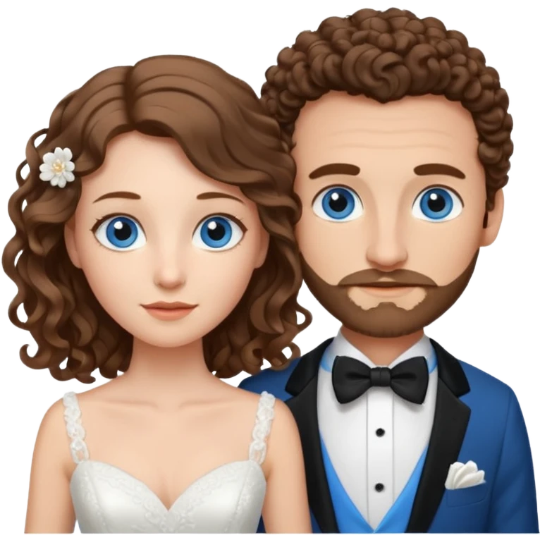 wedding couple, woman has long lightly curled brown hair and blue eyes, man has short light brown curly hair and facial hair with blue eyes emoji