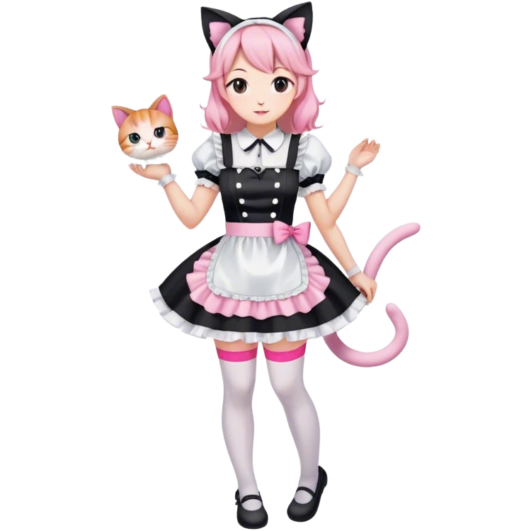 Black white and pink maid dress and thigh high leggings and cat ears loose clothes emoji
