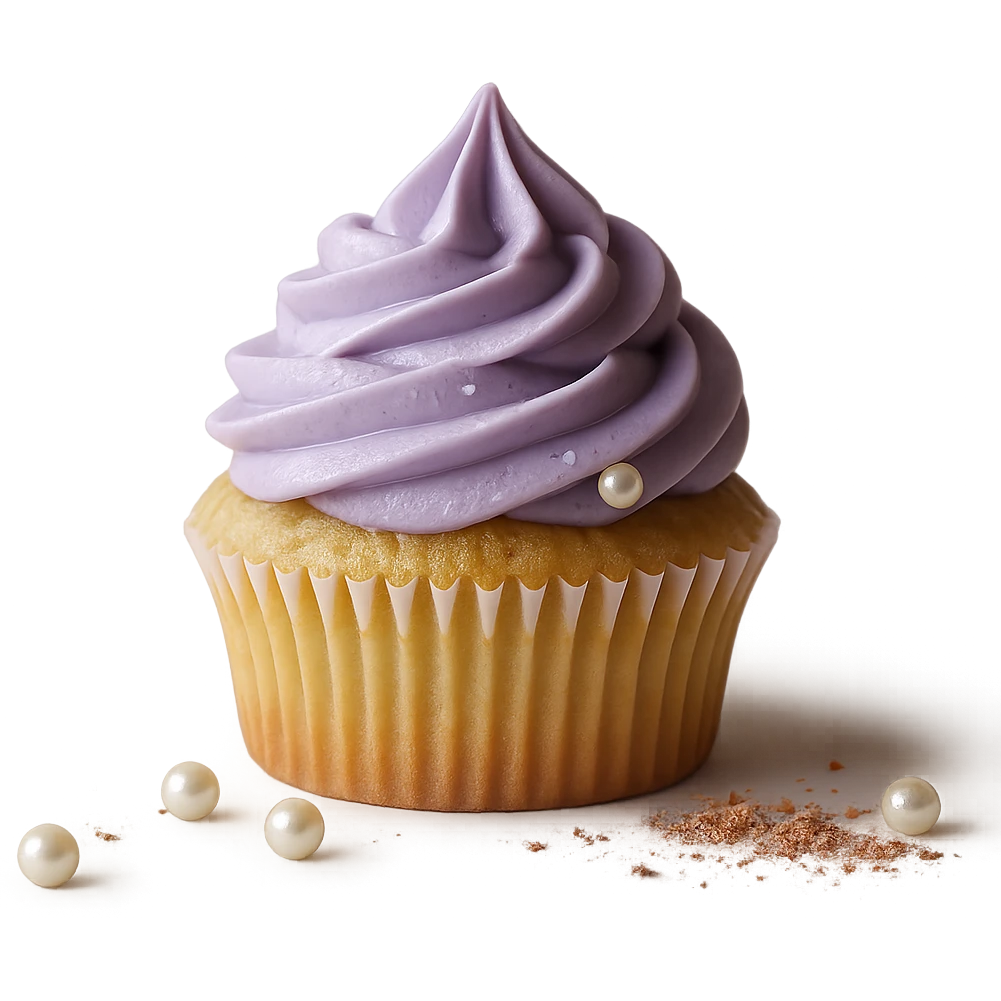 Change the icing to taro flavor with light purple color, creamy and slightly glossy texture, keep the realistic cupcake and accessories, photorealistic style, transparent background. emoji