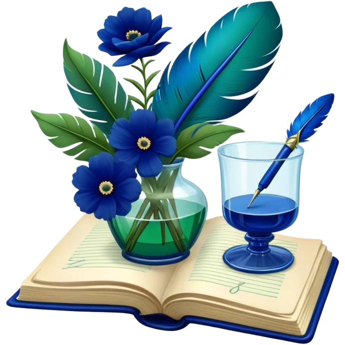 An artistic composition of an old green book with deep blue flowers in a glass vase, a quill pen resting nearby. emoji