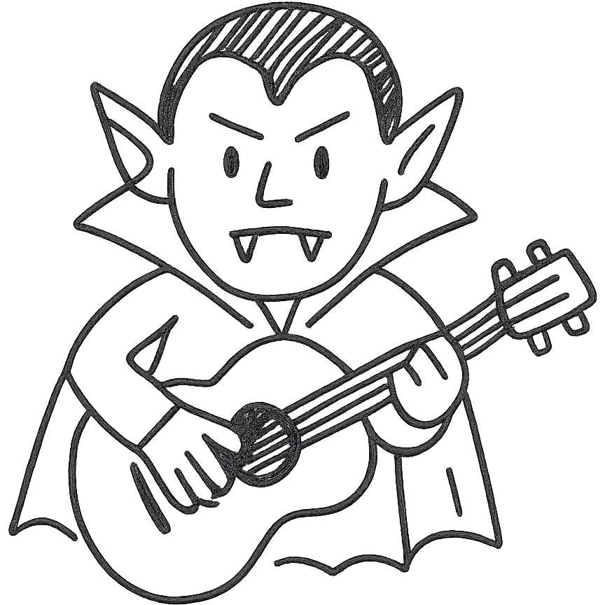vampire holding a guitar, hand drawn black outline emoji