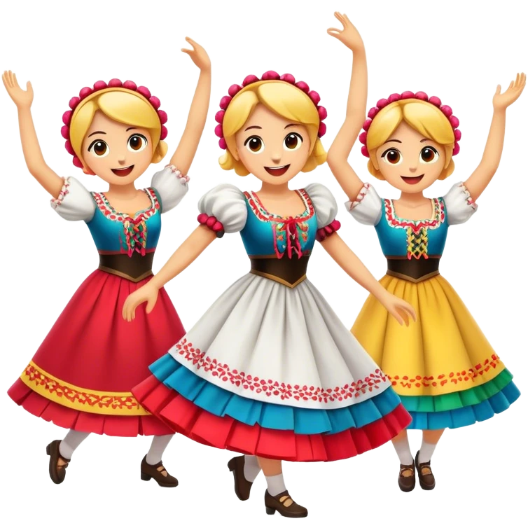 Cinematic Realistic Mazurka Dance Emoji, depicted as a lively traditional Polish folk dance scene with colorful costumes and spirited movement, rendered with dynamic textures and vibrant festive lighting that captures its rhythmic energy. emoji