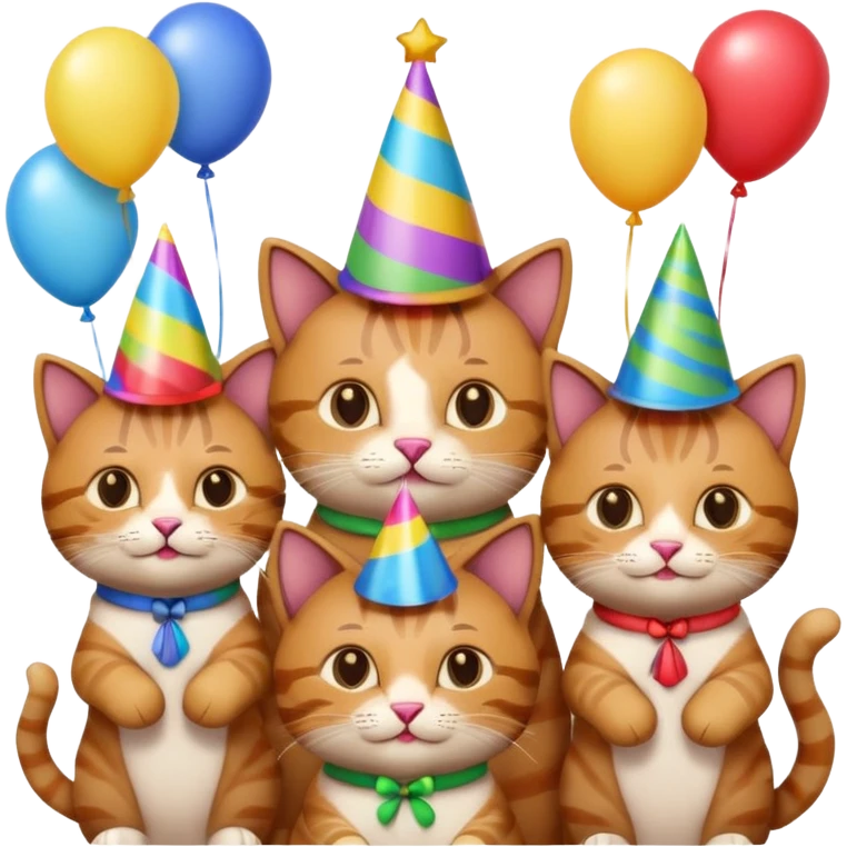 six male cats celebrating at a birthday party, festive, colorful, playful, each cat with a unique party accessory, emoji style emoji