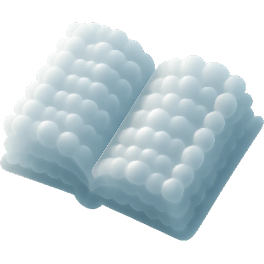 top view of a thick open book made entirely of small, very bright white fluffy convex clouds, matte glass style emoji