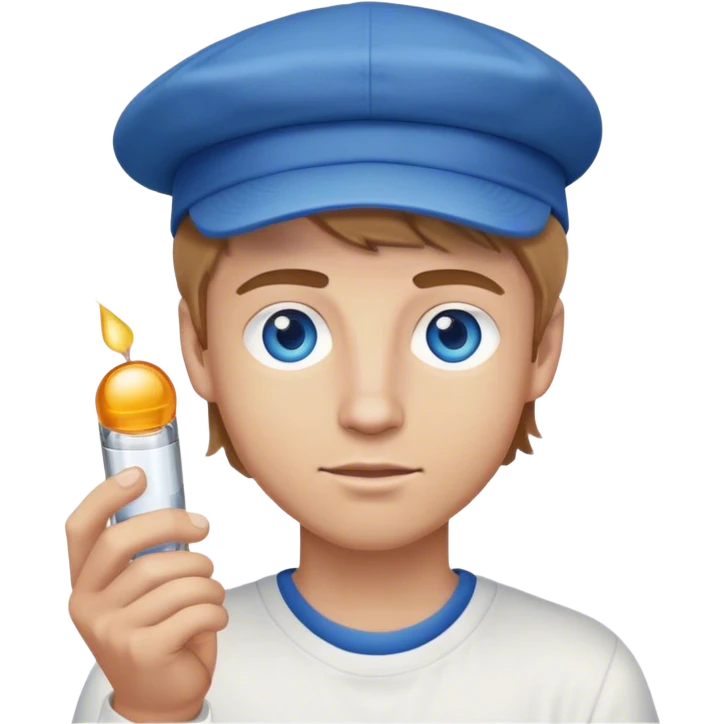 white guy with light brown hair blue eyes with backwards cap on holding a shot emoji