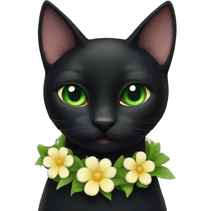 Black cat with green eyes & a flower collar emoji