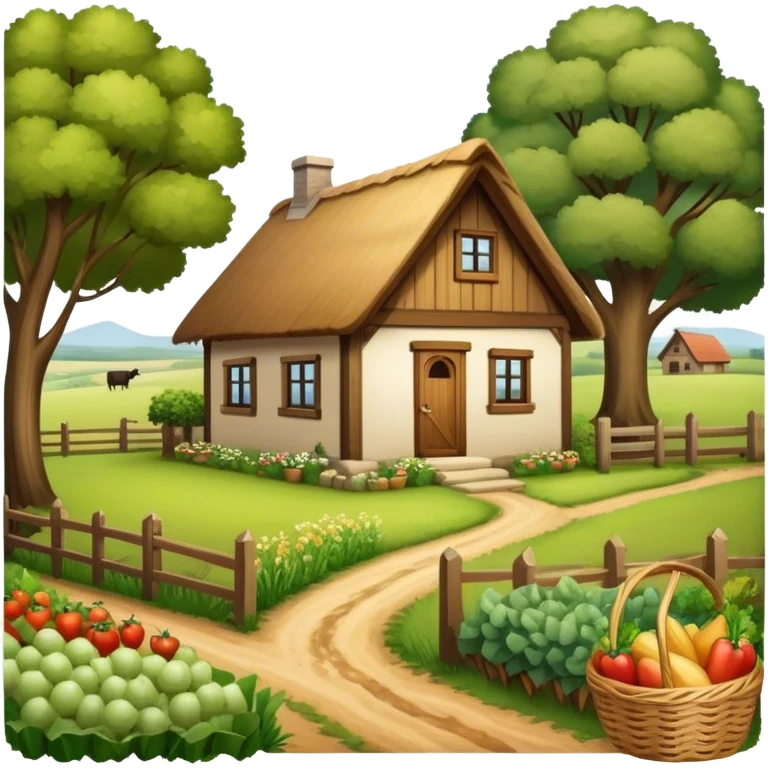 Icon for Rural Tourism: a peaceful countryside scene with a wooden cottage, a dirt path, grazing animals, and a basket of fresh produce. The icon should represent the tranquility and charm of rural life. Transparent background. emoji