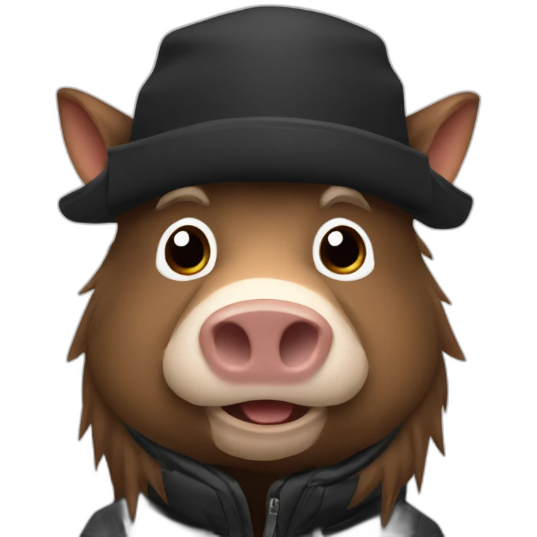 fullface wild tired brown boar with stubble in a black jacket and a black winter hat emoji