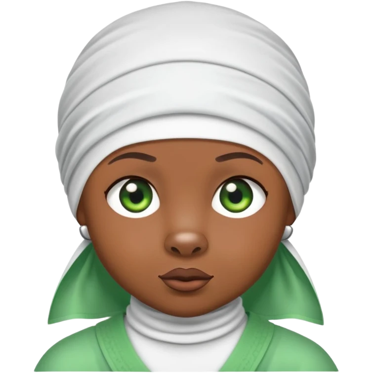 Sweet brown bear with green eyes in a stylish white durag head wrap, cool expression, iOS emoji style emoji