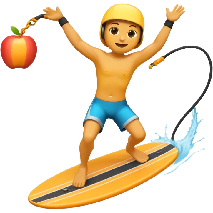 "Apple 3D emoji-style character wakeboarding mid-jump, with arms extended holding an orange rope, legs slightly bent on a yellow board. Stylized water splash behind. Emoji face, rounded body, bright and clean Apple shading. emoji