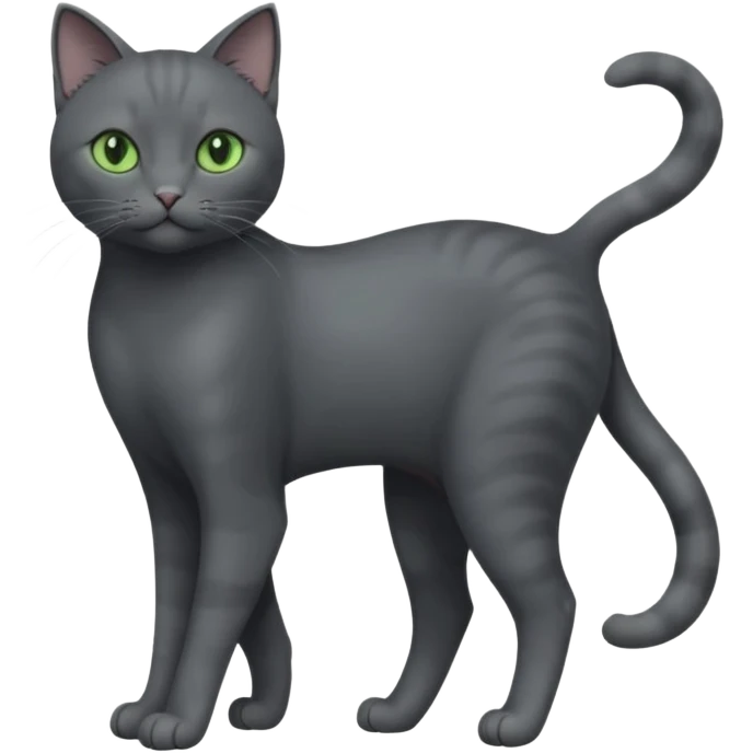 full body view of beautiful female solid dark grey cat with green eyes, grey face, white toes/paws and small white patch on her chest emoji