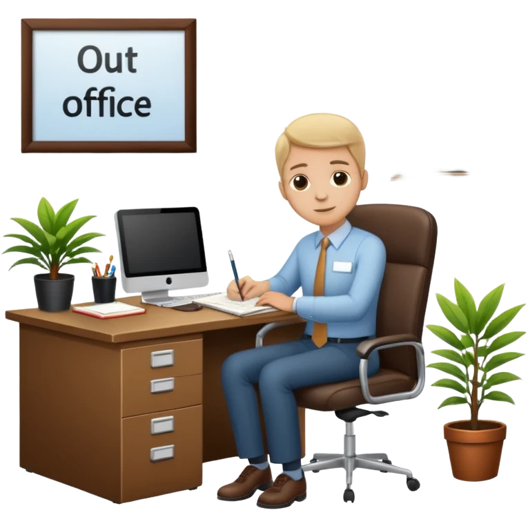 imagen de oficina con escritorio, silla, notebook, agenda y una plata con un cartel que diga FUERA DE OFICINA emoji