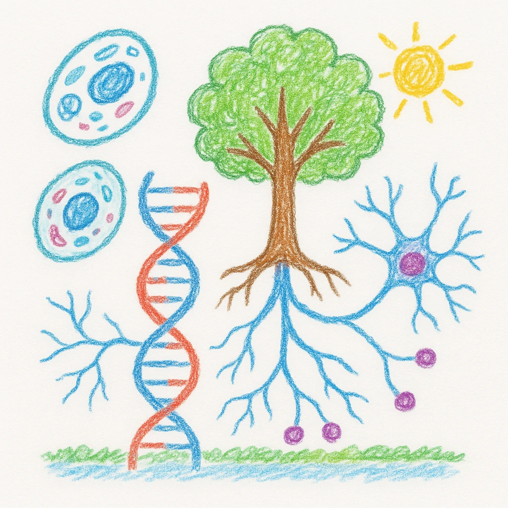 A realistic biological illustration (like in a school book) showing: DNA strands transitioning into a tree, cells with visible organelles, neurons connected to plant roots  and a balanced ecosystem background . Seamless integration, no labels or borders, complete white background (not off white!), detailed but minimalist.  emoji