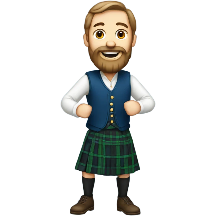 Dancing man in traditional Scottish clothes with beard emoji