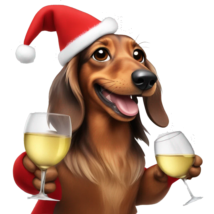 Long haired dachshund with Santas costume and cheering with a Glass of white wine emoji