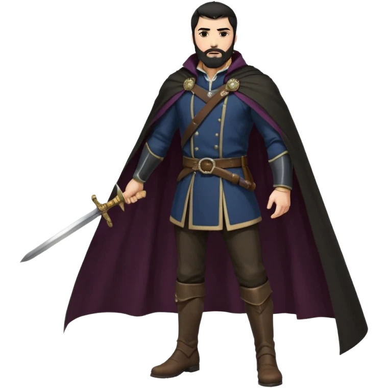 
Hombre de unos 30-40 años, alto, fuerte..
Rostro anguloso, barba bien recortada, cejas marcadas, mirada dura y orgullosa.
Castaño oscuro o negro, peinado hacia atrás.
Ropa de noble — chaqueta ajustada, capa corta, botas altas y espada al cinto. Colores oscuros (rojo vino, negro, granate) emoji