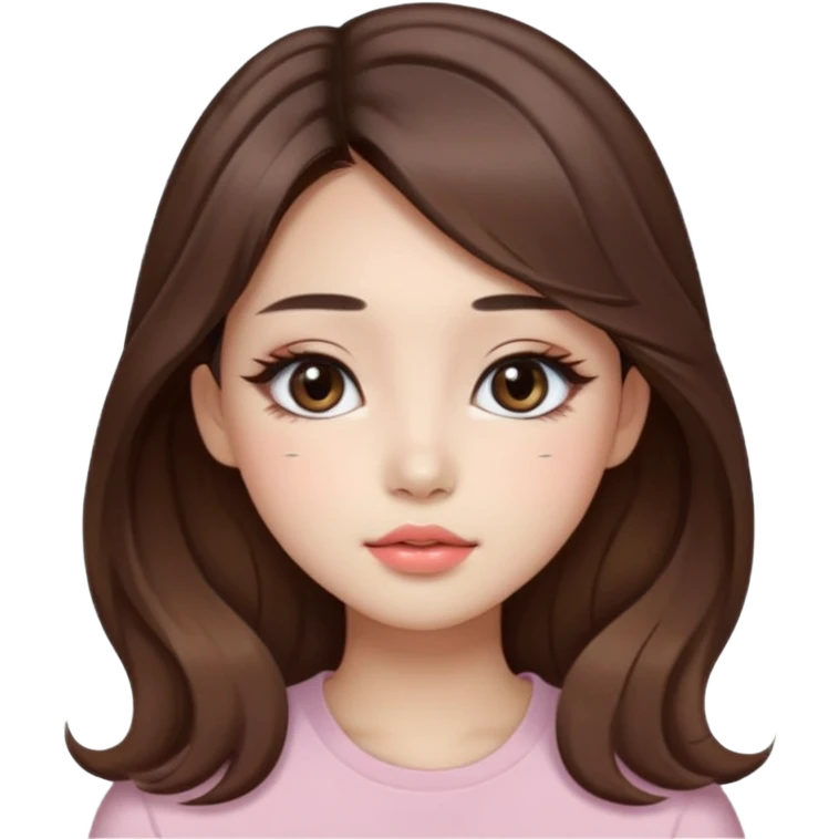 “korean straight brown hair Emoji girl, soft eyeliner and blush, gradient lips, light brown shimmer eyeshadow, long wavy hair,  emoji