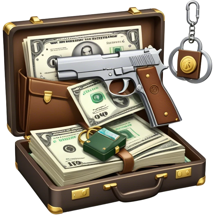 Icon for Action & Crime Reading: an open book, action-packed scenes, featuring a gun, handcuffs, a detective's badge and a briefcase with money. The icon should capture the tension and excitement of crime and action stories. Transparent background. emoji