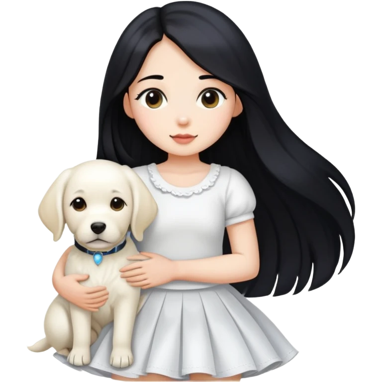 A girl with long black hair, a beautiful white skirt and fair skin is holding a white Labrador emoji