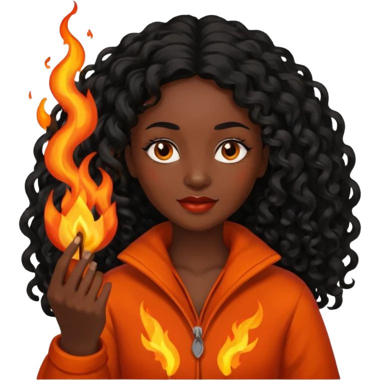 Dark curly long haired woman with fire in her hands emoji