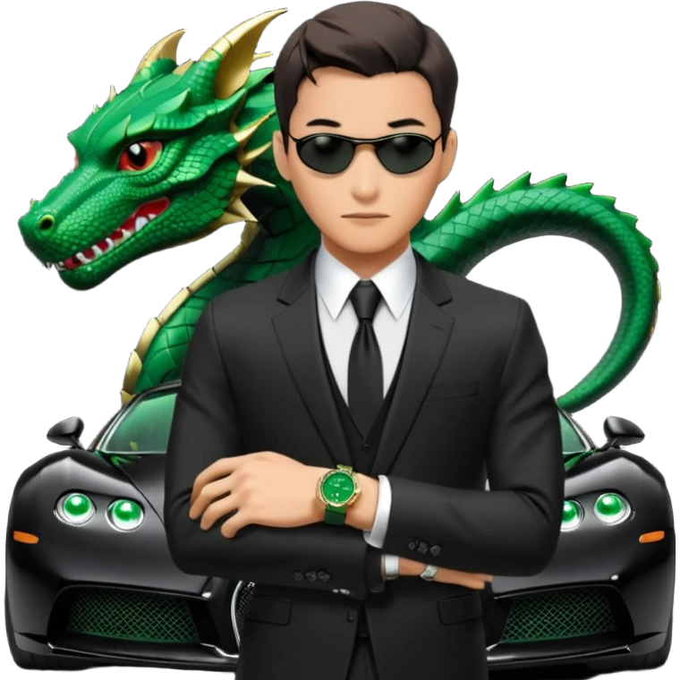 mysterious scenery: green audemars piguet watch (without text), black bugatti, and a dark green dragon, and a mysterious agent from The Matrix with his eyes censored emoji