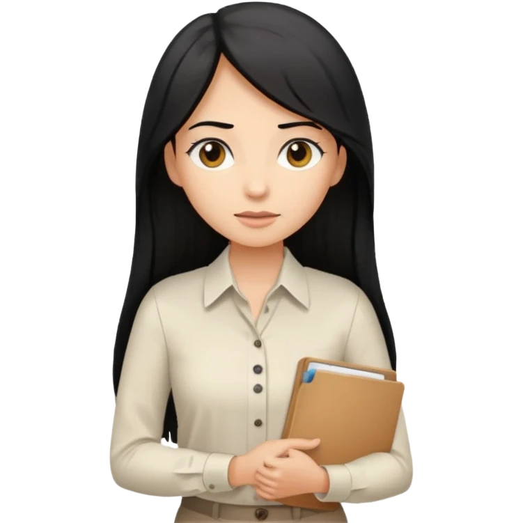 a light tan woman with long black hair past mid-back, round brown eyes, white button up v shirt, and manila folder in her hands. emoji