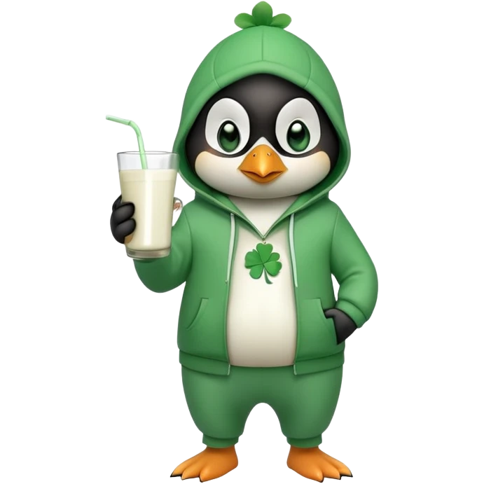 full body friendly anthropomorphised penguin wearing green mafia-style tracksuit, angry intense brooding posture, holding glass of milk, shamrock accessory emoji