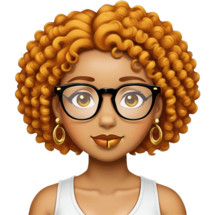 Add a gold nose piercing, gold septum piercing, and gold earrings to the light skin black woman with short ginger curly hair and glasses in emoji style. emoji