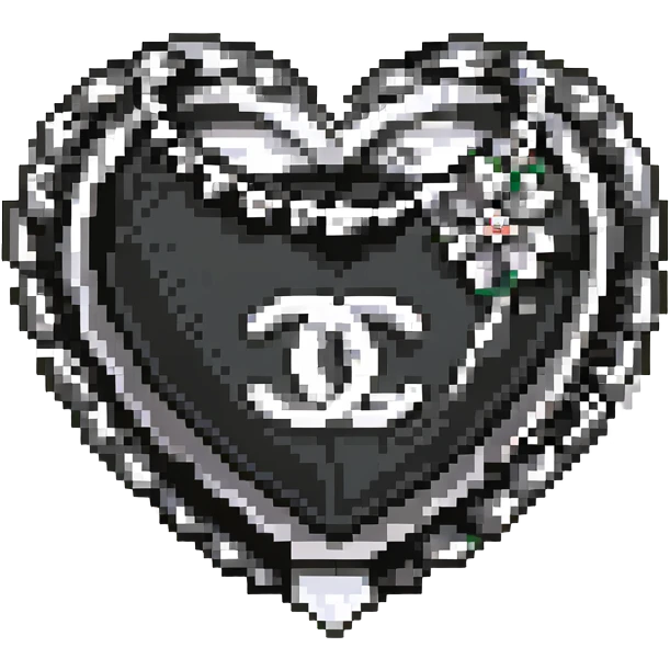 glossy black heart with a string of pearls around it, featuring a silver Chanel logo in the center, elegant, black and white color scheme, pixel art style emoji