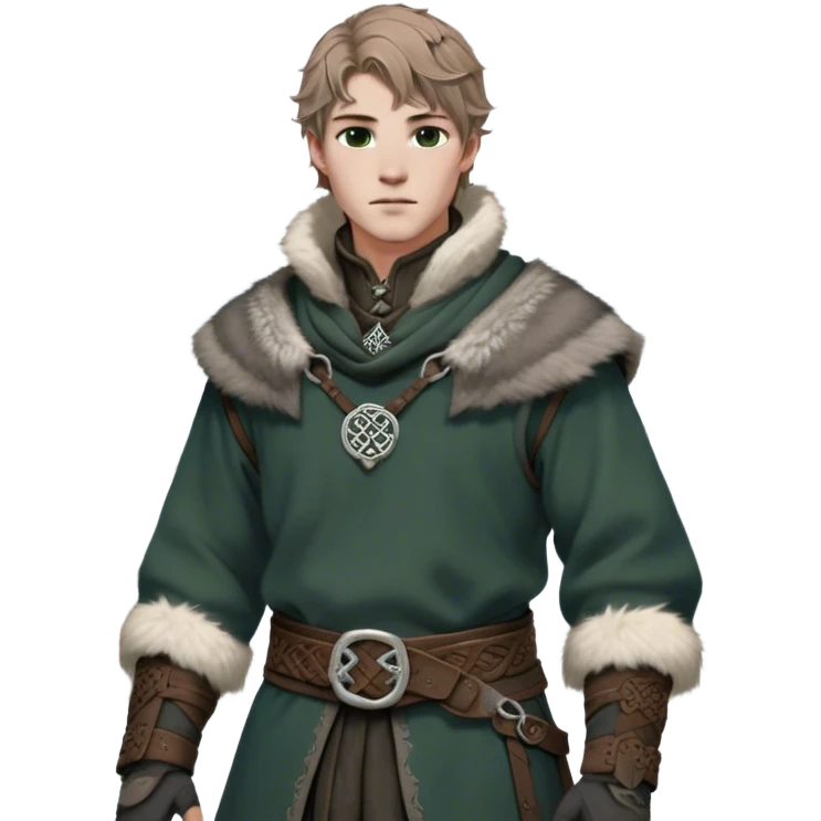 Medieval winter outfit worn by a DnD themed fantasy male character. Heavy charcoal wool tunic with arctic wolf fur lining, adorned with intricate iron clasps and a thick leather belt with celtic knotwork. Clothes only above the waist, full waist coverage. The character has no arms. Character is white-skinned with light brown hair, gray-green eyes, and short wavy hair dusted with winter's touch. emoji