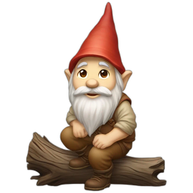 side view of gnome with light tan pants squatting on top of small brown log emoji