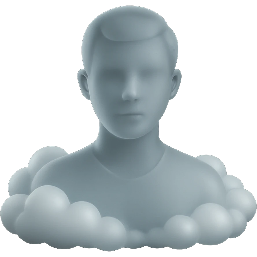 person looking straight, shoulders immersed in fluffy convex white clouds, matte glass style emoji