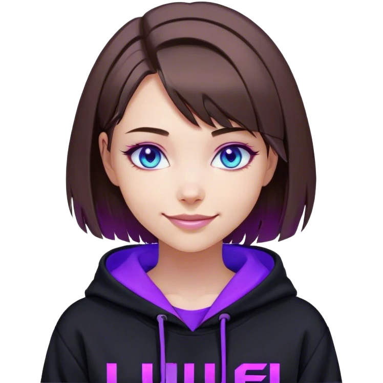 brown haired girl with a bob blue eyes wearing black hoody with violet letters "Lu", smile. Cyberpunk style. Violet neon. emoji