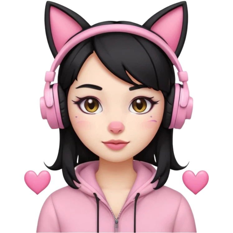 “Emoji girl, pastel pink streaks in black hair hair, bold winged eyeliner, heavy blush on cheeks and nose bridge, under-eye hearts, glossy pink lips, playful smirk and gaming headphones and cat ears.” emoji